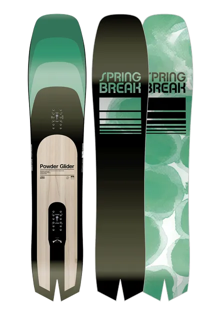 CAPiTA Spring Break Powder Glider 2025-26モデル：左＝緑グラデーションのトップデッキ（幅広ノーズ、小さく切り欠かれたテール）、中・右＝黒とグリーンの2種のベースグラフィック