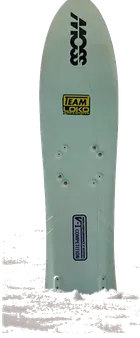 Moss Snowstick V-1 Competition：ミントグリーンのトップデッキ、ポインテッドノーズとラウンドテール、MOSSロゴとV-1 COMPETITIONデカール