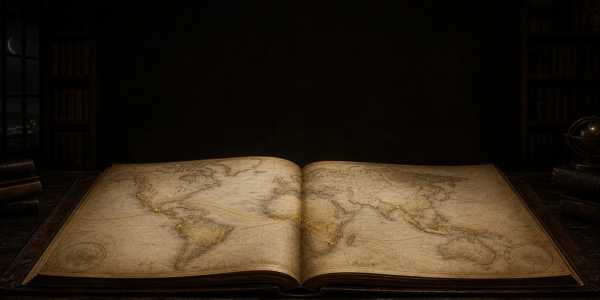 夜の書斎に広げられた古い世界地図の本